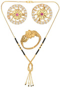AanyaCentric Gold-Polished Jewelry Combo: Elegant Short Mangalsutra, Finger Ring, and American Diamond Earrings Set