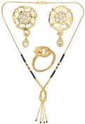 AanyaCentric Gold-Polished Jewelry Combo: Elegant Short Mangalsutra, Finger Ring, and American Diamond Earrings Set