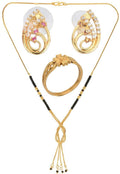 AanyaCentric Gold-Polished Jewelry Combo: Elegant Short Mangalsutra, Finger Ring, and American Diamond Earrings Set