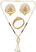 AanyaCentric Gold-Polished Jewelry Combo: Elegant Short Mangalsutra, Finger Ring, and American Diamond Earrings Set
