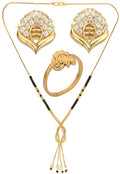 AanyaCentric Gold-Polished Jewelry Combo: Elegant Short Mangalsutra, Finger Ring, and American Diamond Earrings Set