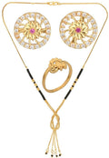 AanyaCentric Gold-Polished Jewelry Combo: Elegant Short Mangalsutra, Finger Ring, and American Diamond Earrings Set