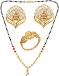 AanyaCentric Gold-Polished Jewelry Combo: Elegant Short Mangalsutra, Finger Ring, and American Diamond Earrings Set