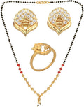 AanyaCentric Gold-Polished Jewelry Combo: Elegant Short Mangalsutra, Finger Ring, and American Diamond Earrings Set