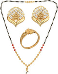 AanyaCentric Gold-Polished Jewelry Combo: Elegant Short Mangalsutra, Finger Ring, and American Diamond Earrings Set