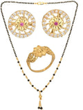 AanyaCentric Gold-Polished Jewelry Combo: Elegant Short Mangalsutra, Finger Ring, and American Diamond Earrings Set