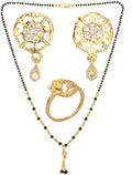 AanyaCentric Gold-Polished Jewelry Combo: Elegant Short Mangalsutra, Finger Ring, and American Diamond Earrings Set