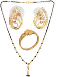 AanyaCentric Gold-Polished Jewelry Combo: Elegant Short Mangalsutra, Finger Ring, and American Diamond Earrings Set
