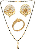 AanyaCentric Gold-Polished Jewelry Combo: Elegant Short Mangalsutra, Finger Ring, and American Diamond Earrings Set