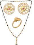 AanyaCentric Gold-Polished Jewelry Combo: Elegant Short Mangalsutra, Finger Ring, and American Diamond Earrings Set