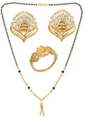AanyaCentric Gold-Polished Jewelry Combo: Elegant Short Mangalsutra, Finger Ring, and American Diamond Earrings Set