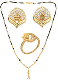 AanyaCentric Gold-Polished Jewelry Combo: Elegant Short Mangalsutra, Finger Ring, and American Diamond Earrings Set