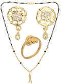 AanyaCentric Gold-Polished Jewelry Combo: Elegant Short Mangalsutra, Finger Ring, and American Diamond Earrings Set