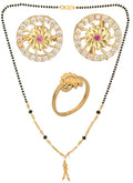 AanyaCentric Gold-Polished Jewelry Combo: Elegant Short Mangalsutra, Finger Ring, and American Diamond Earrings Set