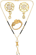 AanyaCentric Gold-Polished Jewelry Combo: Elegant Short Mangalsutra, Finger Ring, and American Diamond Earrings Set