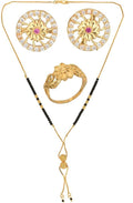 AanyaCentric Gold-Polished Jewelry Combo: Elegant Short Mangalsutra, Finger Ring, and American Diamond Earrings Set