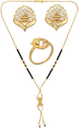 AanyaCentric Gold-Polished Jewelry Combo: Elegant Short Mangalsutra, Finger Ring, and American Diamond Earrings Set