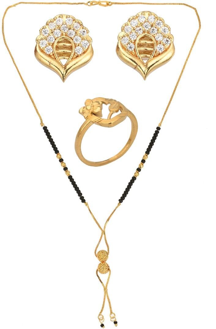 AanyaCentric Gold-Polished Jewelry Combo: Elegant Short Mangalsutra, Finger Ring, and American Diamond Earrings Set
