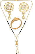 AanyaCentric Gold-Polished Jewelry Combo: Elegant Short Mangalsutra, Finger Ring, and American Diamond Earrings Set
