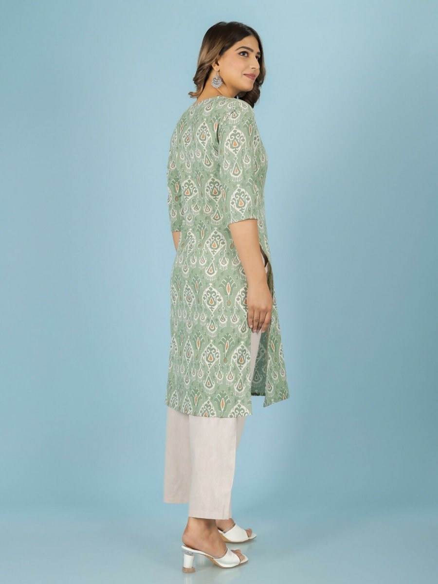 Aramya Green Linen Cotton Ikat Straight Kurta for Women
