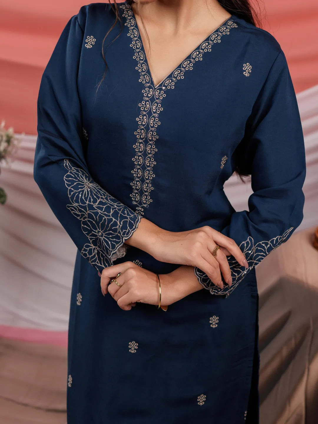 Yufta Navy Blue Embroidered Silk Blend Straight Kurta Dupatta Pant Set