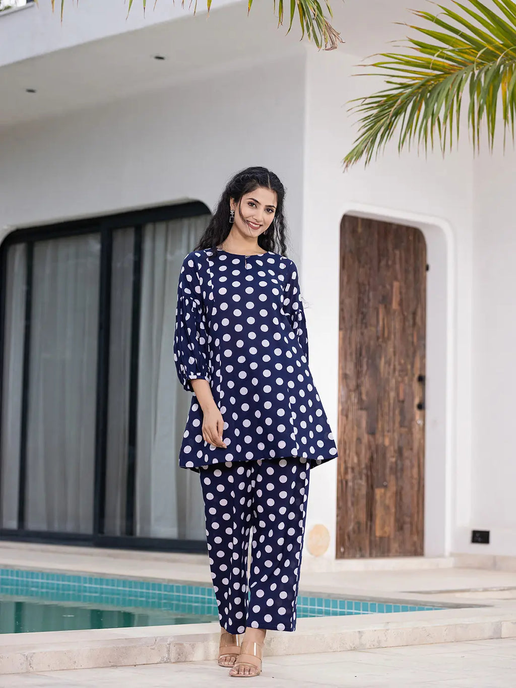 Yufta Navy Blue Polka Dot Print Top And Trouser Co Ord Set