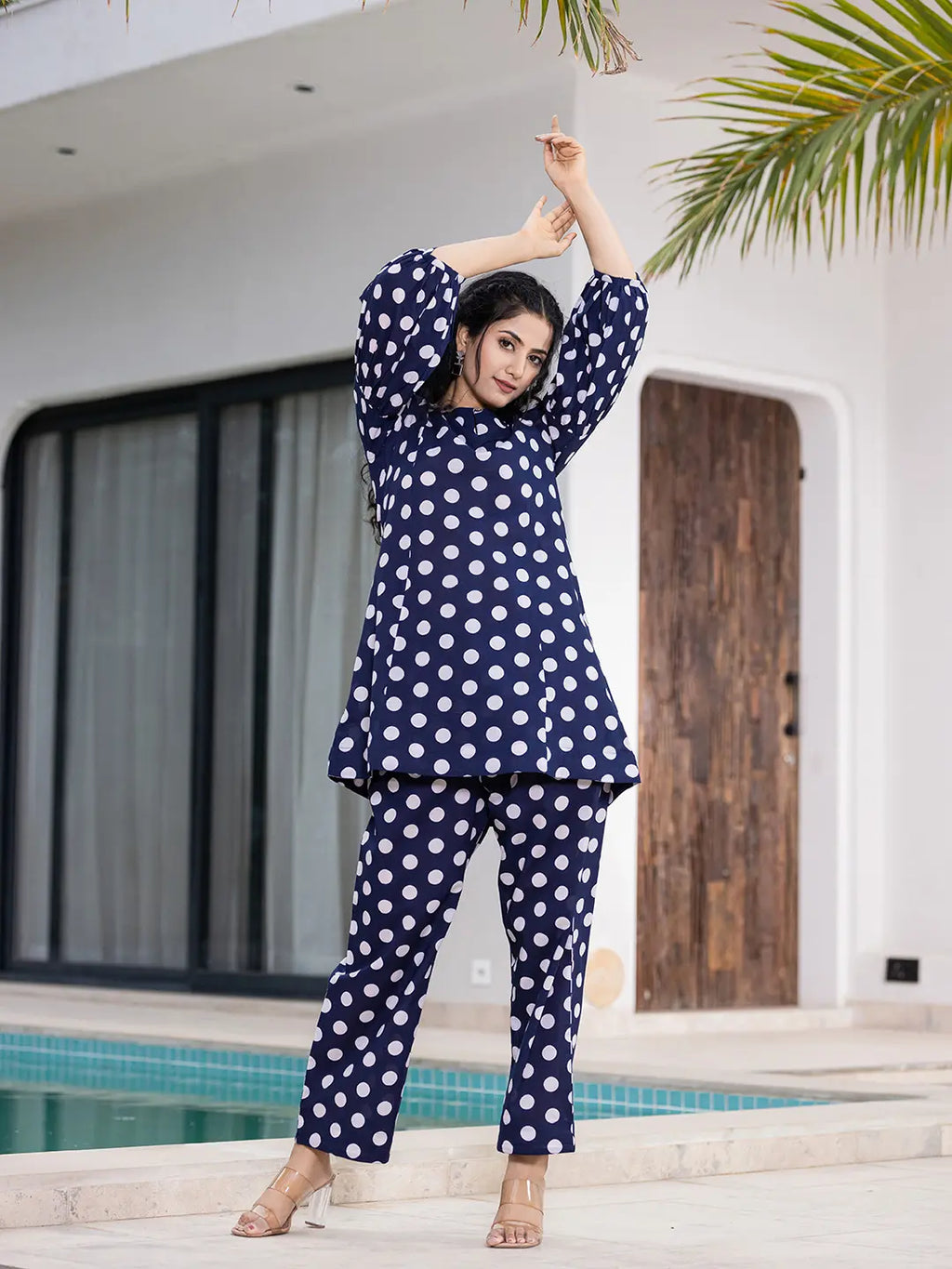 Yufta Navy Blue Polka Dot Print Top And Trouser Co Ord Set