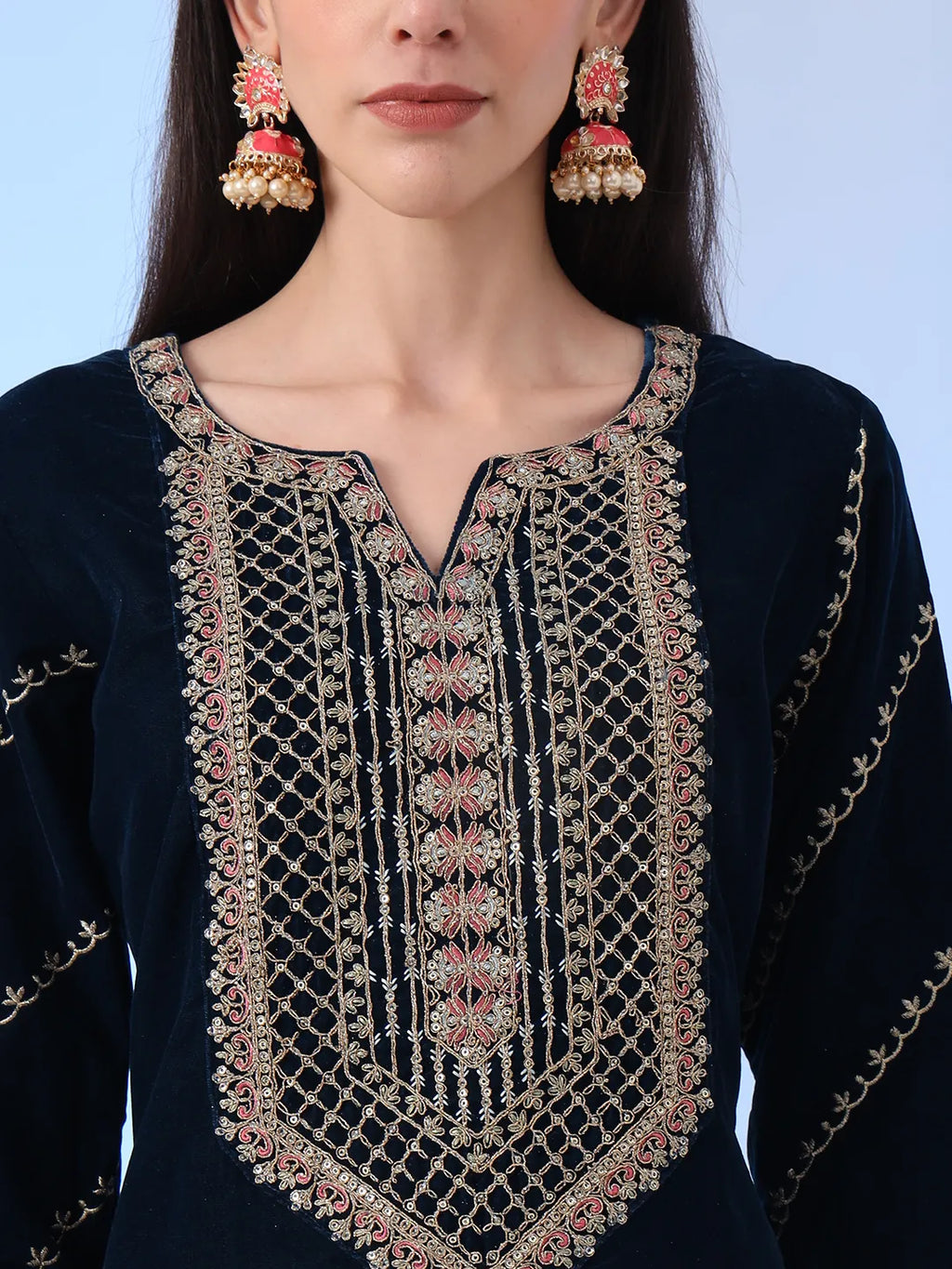 Yufta Navy Blue Velvet Zari Work Kurta Trouser Dupatta Set