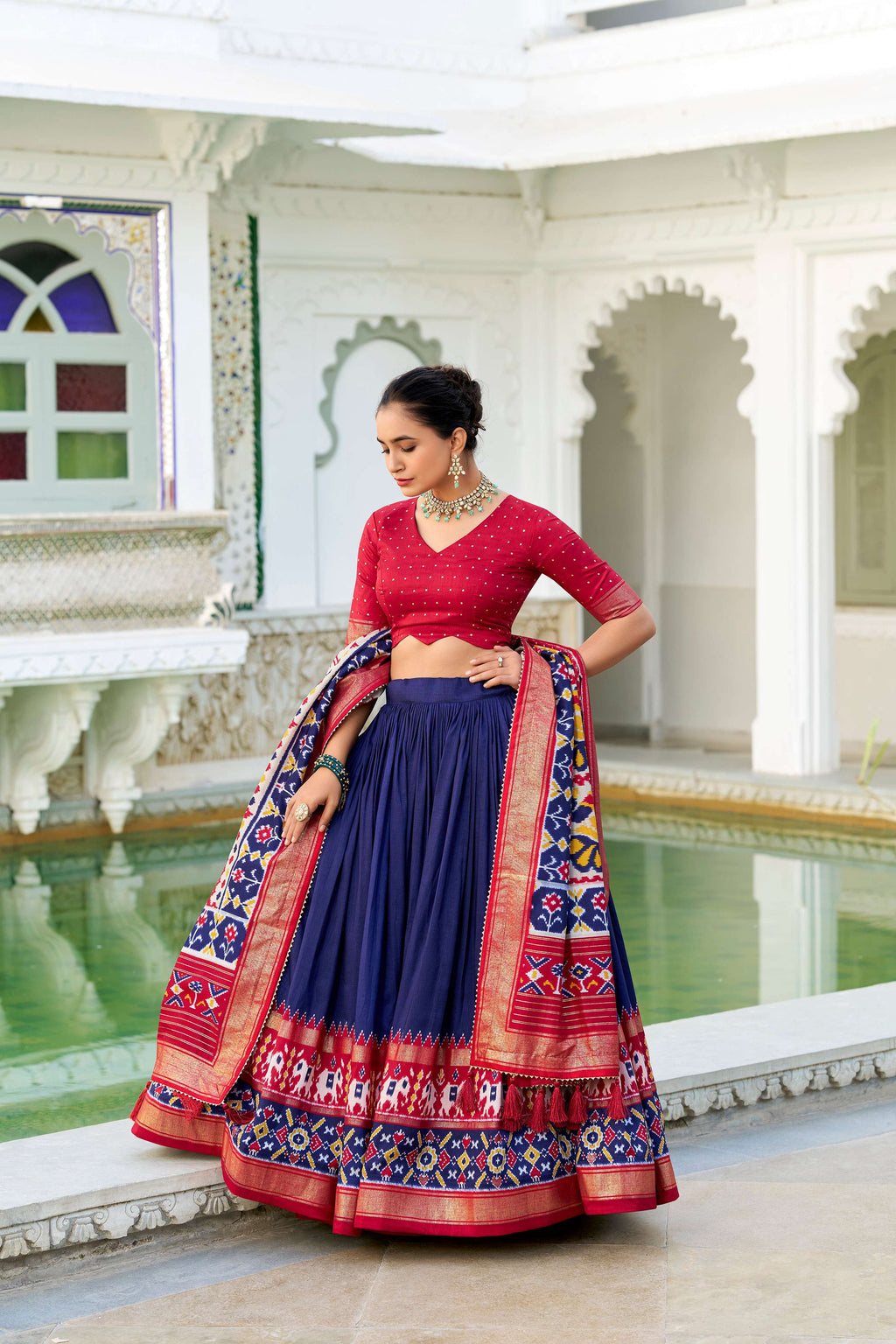 Evanik Navy Blue Traditional Style Tussar Silk Patola Print With Foil Work Unstitched Lehenga Choli