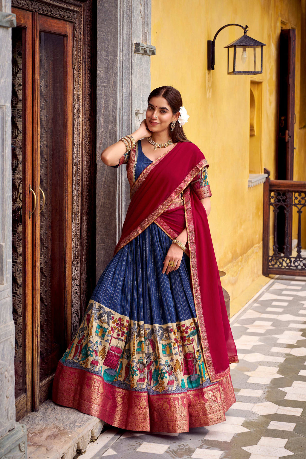 Evanik Navy Blue South Style Kalamkari Print Design Zari Work Unstitched Lehenga Choli
