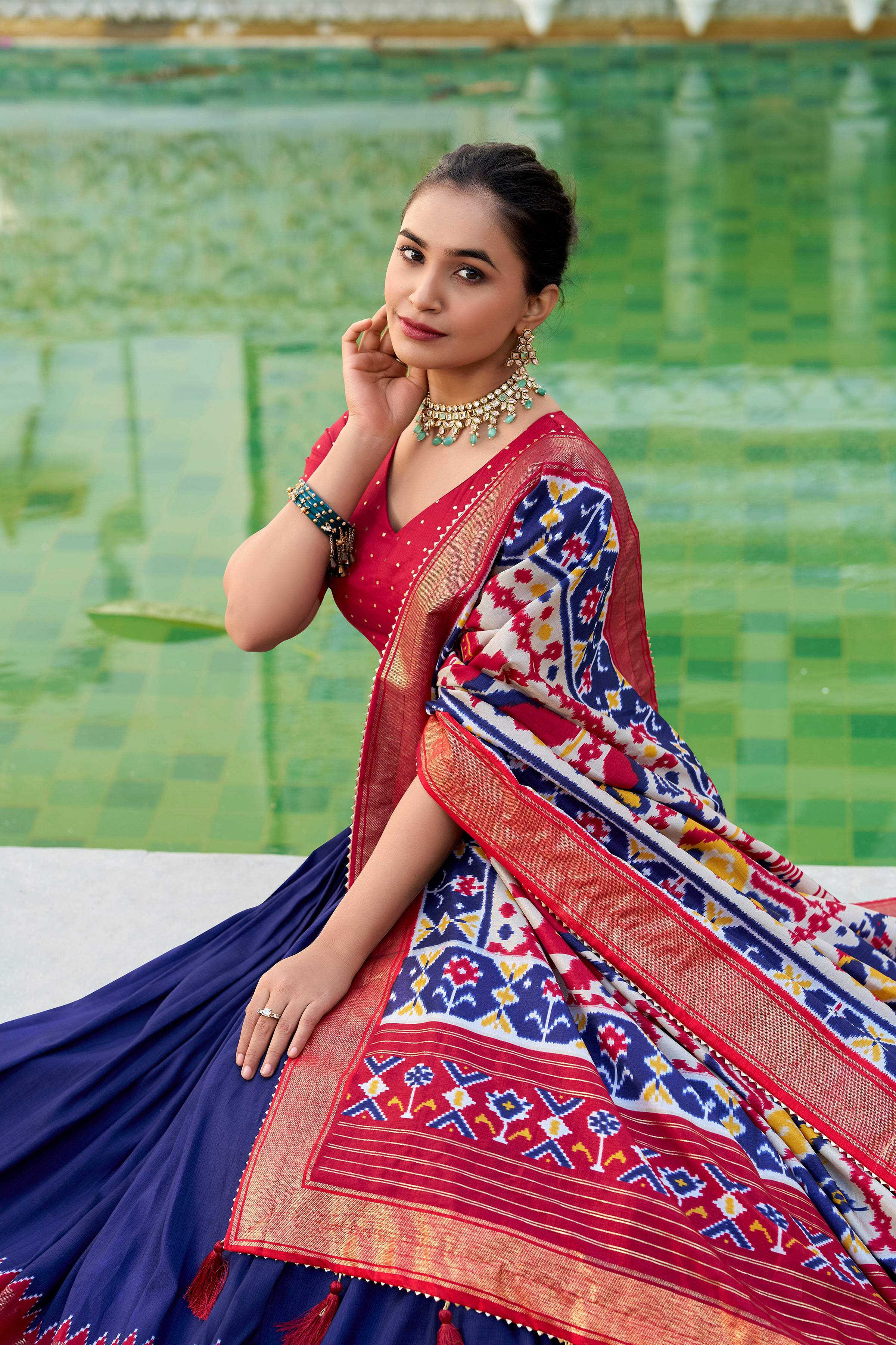 Evanik Navy Blue Traditional Style Tussar Silk Patola Print With Foil Work Unstitched Lehenga Choli