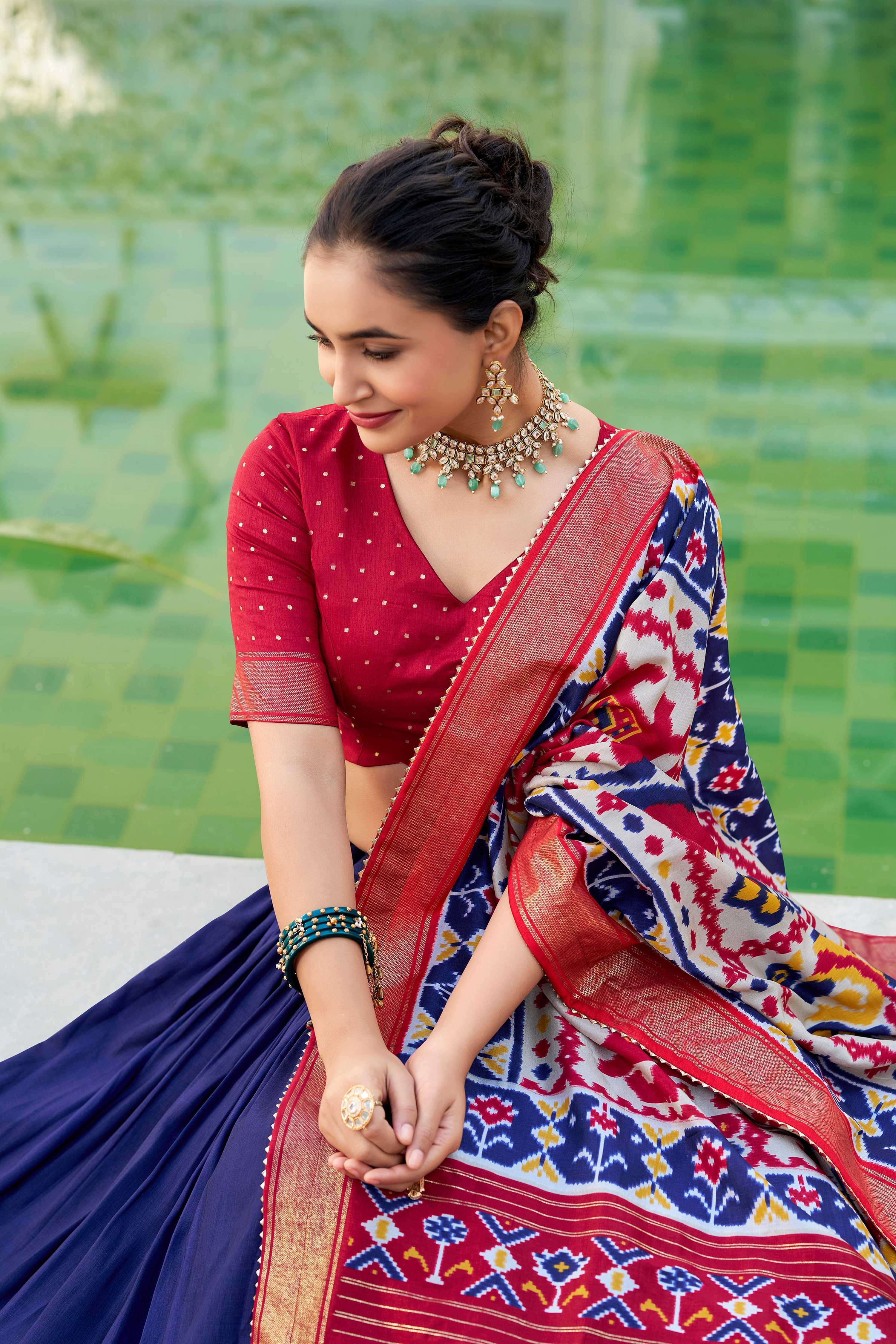 Evanik Navy Blue Traditional Style Tussar Silk Patola Print With Foil Work Unstitched Lehenga Choli