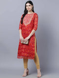 Myshka Women Red Yellow Bandhani Printed Mirror Work Kurta