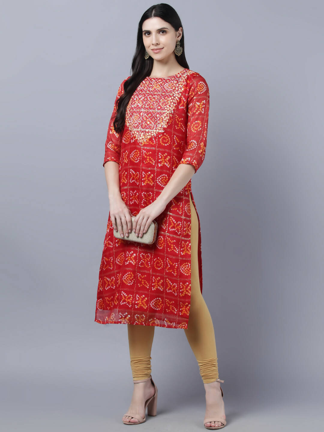 Myshka Women Red Yellow Bandhani Printed Mirror Work Kurta