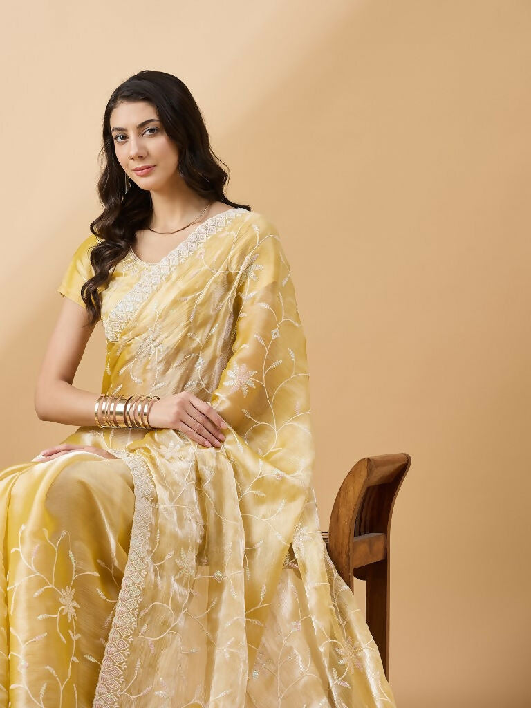 Pink Tissue Slub Embroidered Saree with Unstitched Blouse - Vairagi