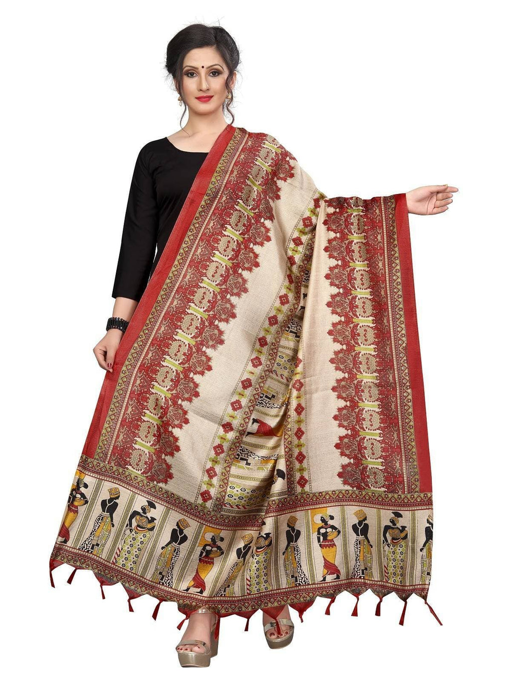 Vamika Latest Multi Colour Red Printed Khadi Bhagalpuri Dupatta