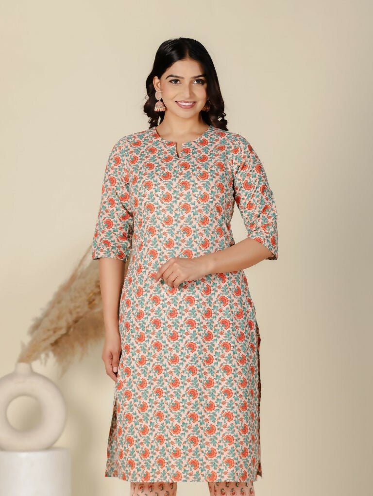 Aramya Orange Soft Cotton Floral Straight Kurta for Women