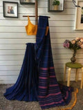 Exclusive Collection Khadi Cotton Handloom Khesh Saree With Blouse Piece - Navy Blue