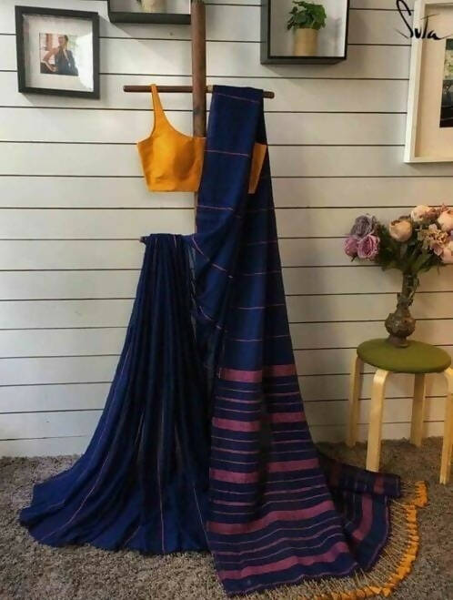 Exclusive Collection Khadi Cotton Handloom Khesh Saree With Blouse Piece - Navy Blue