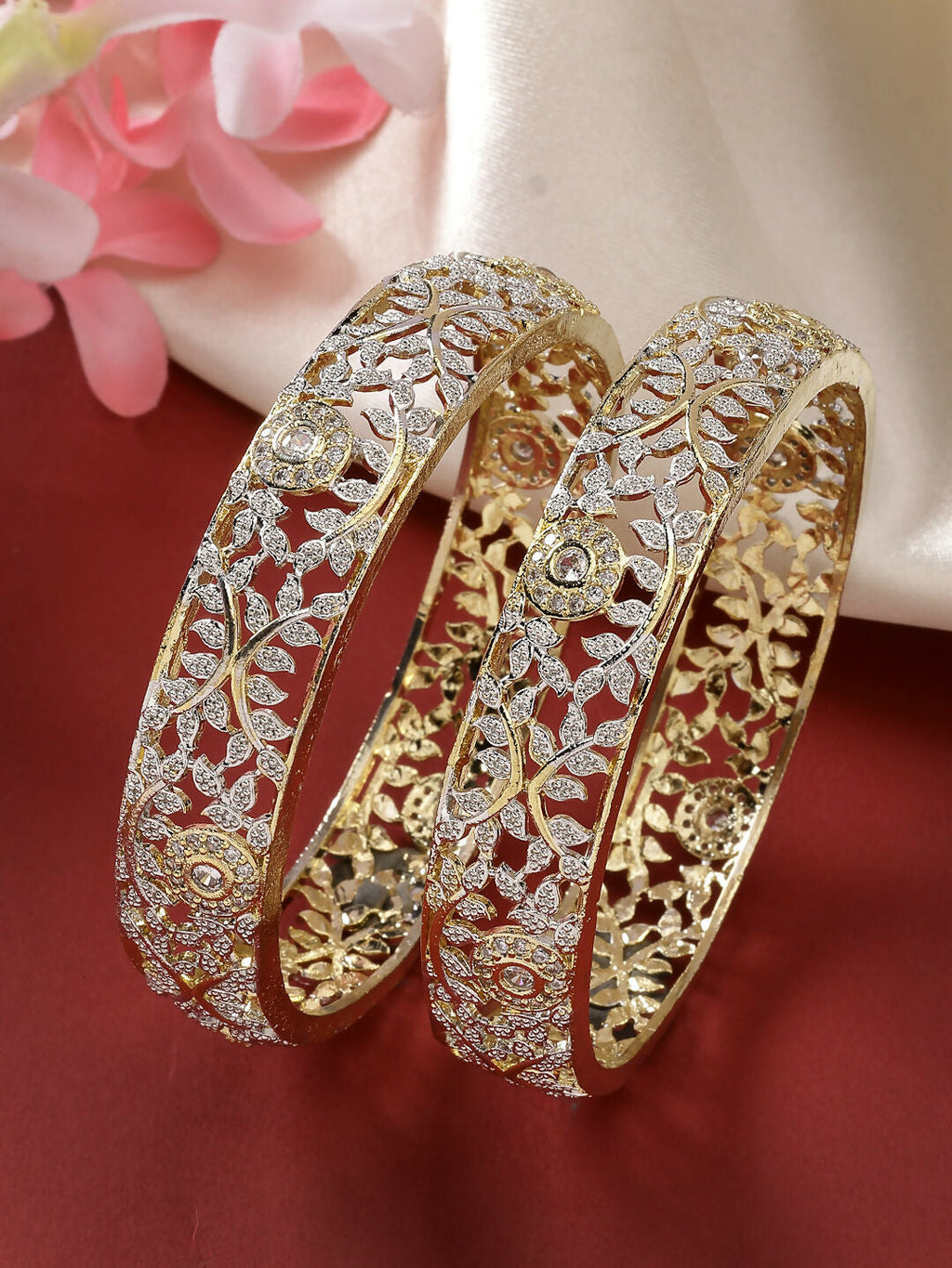 NVR Women's Set of 2 Gold-Polished American Diamond Emblished Handcrafted Bangles