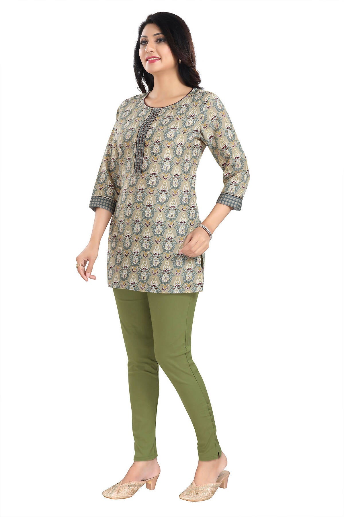 Snehal Creations Pretty Pastle Variyali Green Rayon Short Kurti Tunic Top