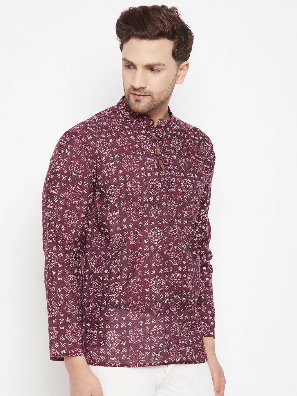 Even Apparels Maroon Pure Cotton Men's Kurta With Slit Neckline