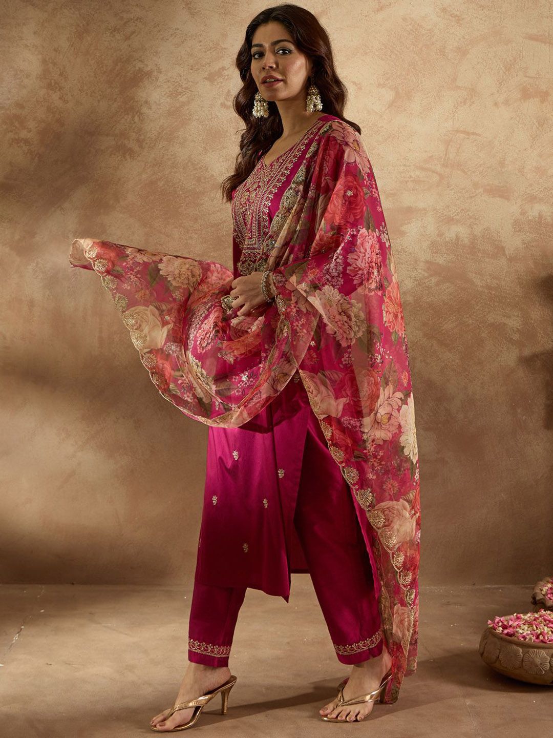 Indo Era Women Floral Embroidered Regular Kurta with Trousers & With Dupatta