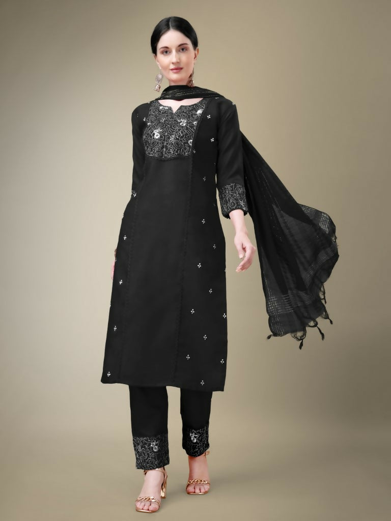 Jyoti Fashion Women's Black Cotton Blend Embroidery & Fancy Lace work Kurta with Trouser & Dupatta