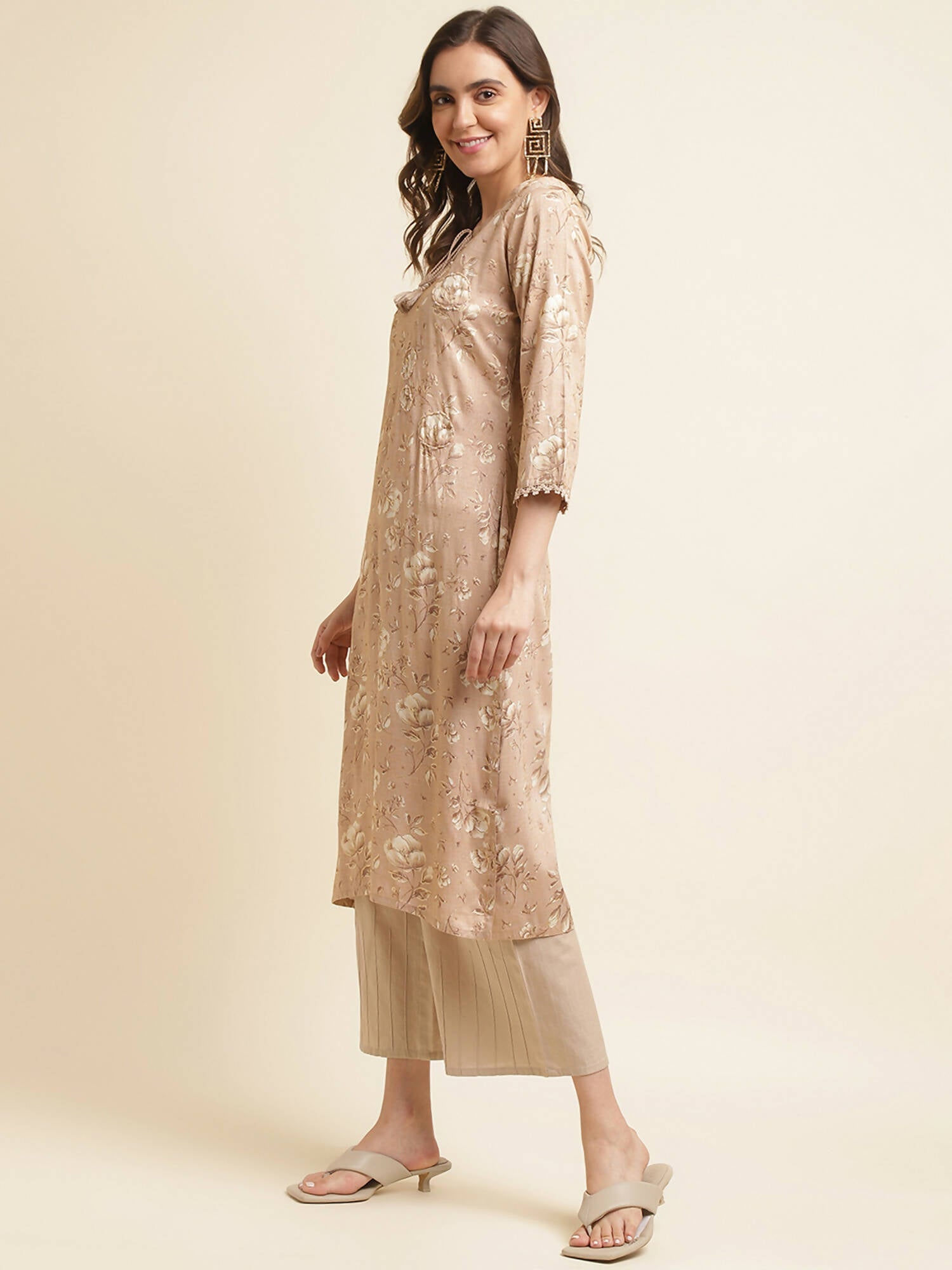 Beige Poly Rayon Floral Printed Straight Kurta - Prasuti
