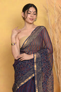 Very Much Indian Pure Kota Cotton Handblock Printed Saree - Dark Blue