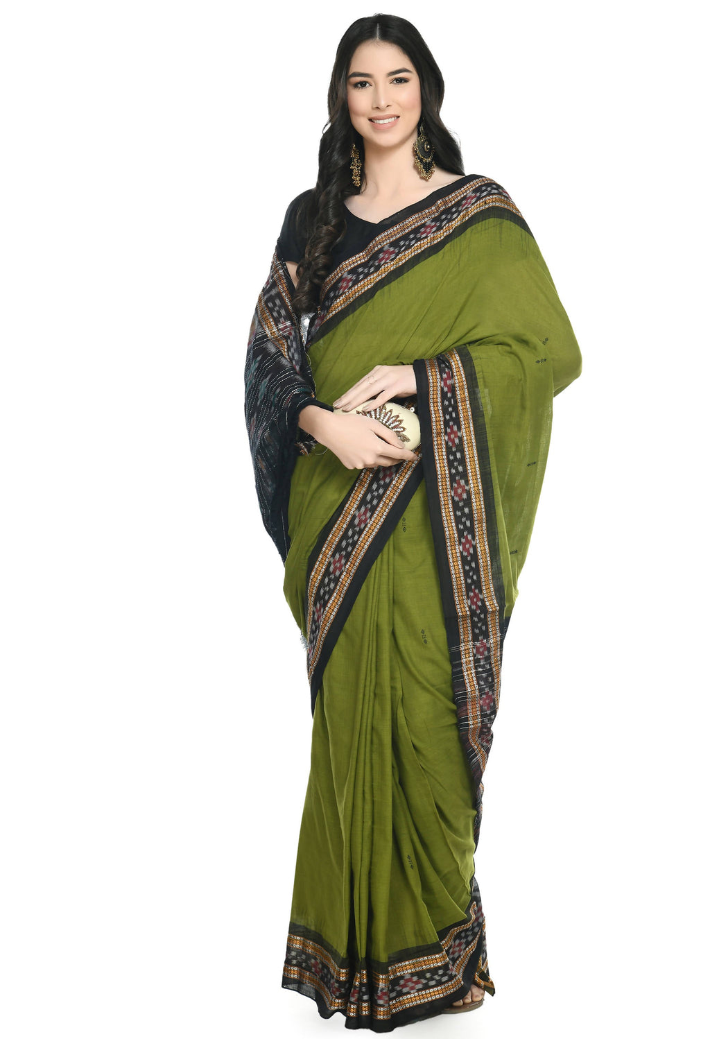 Vamika Sambalpuri Ikat Cotton Rekhabala Buti Green & Black Saree