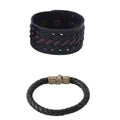 NVR Men's Set of 2 Black Leather Bracelet