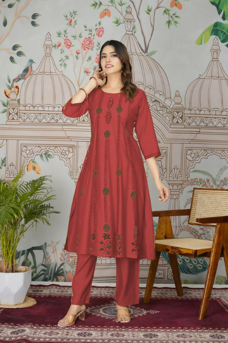 Ethnic Festive Wear Viscose Roman Silk Red Stitched Pant Pair - Rashmika
