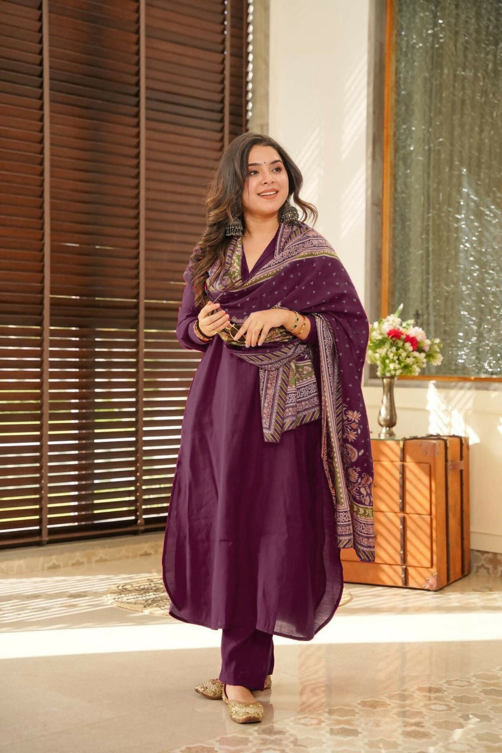 The52 Wine Women's Beautiful South Cotton Fabric Straight Kurta with Pant And Dupatta Set